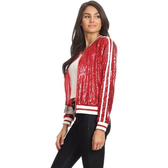 Brand New Women Red Polyester Sequin Bomber Jacket Zip Up Track Stripe Ribbed - Picture 4 of 7